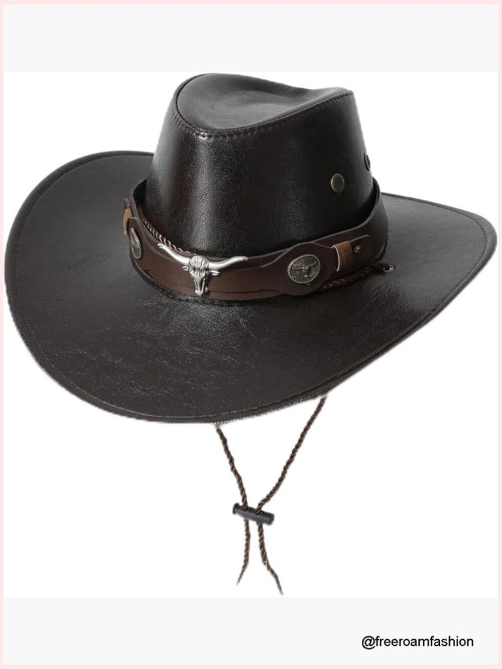 Faux Leather Cowboy Hat with Lanyard Wide Brim Western Cowgirl Hat